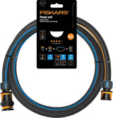 Fiskars waterrad waterslangset met 2 slangaansluitingen en kraanaansluiting, universele maat, torsiestijfheid niveau 4 (van 5), 1,8 m, Ø1,3-1,5 cm (1/2-5/8"), zwart/oranje/blauw, 1057621