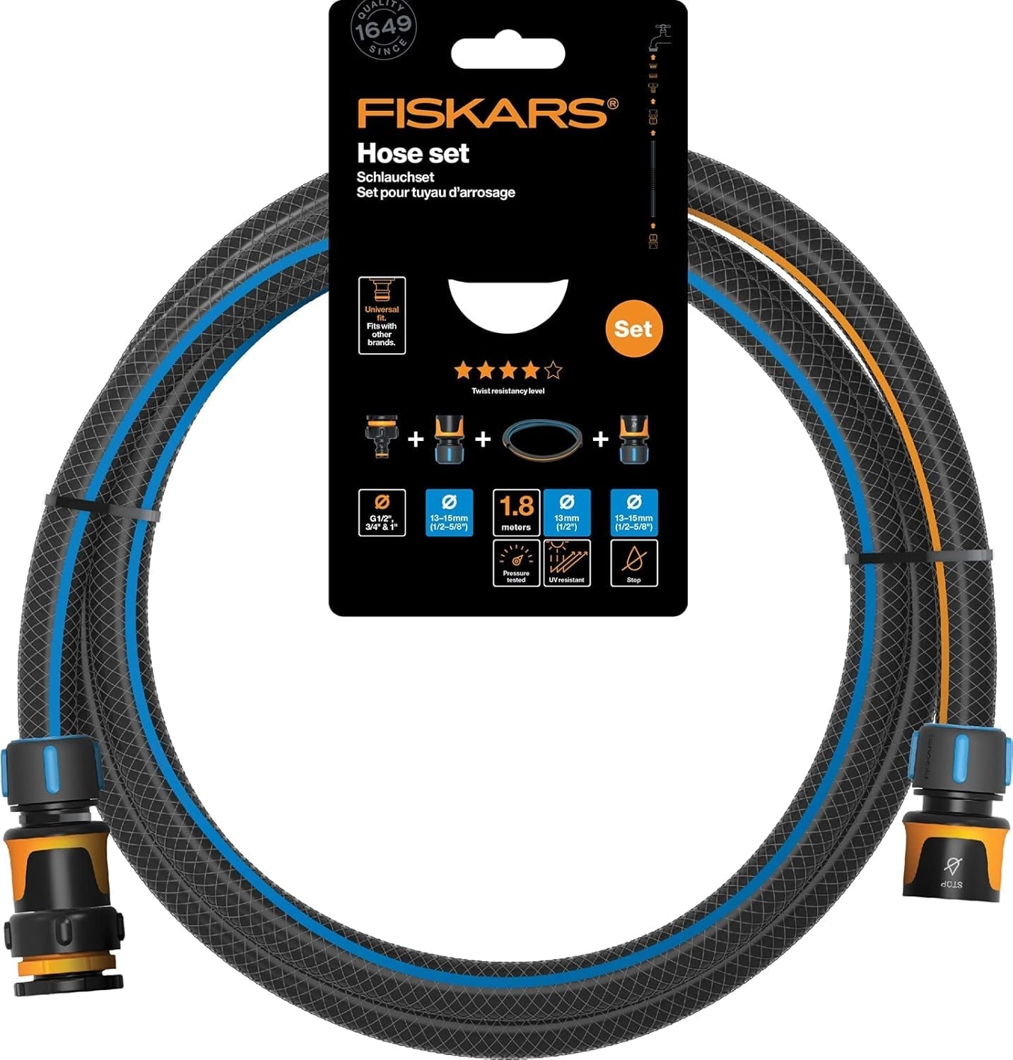 Fiskars waterrad waterslangset met 2 slangaansluitingen en kraanaansluiting, universele maat, torsiestijfheid niveau 4 (van 5), 1,8 m, Ø1,3-1,5 cm (1/2-5/8"), zwart/oranje/blauw, 1057621
