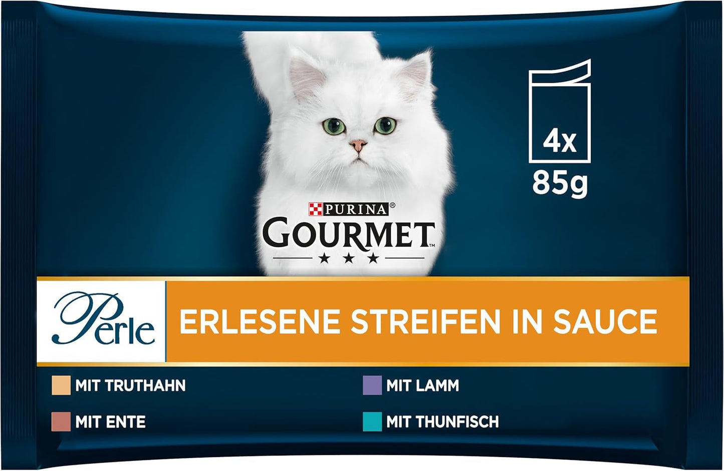 Gourmet Perle Select Strips nat kattenvoer, gemengde mix, verpakking van 12 (12 x 4 zakjes van elk 85 g)