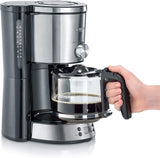SEVERIN "TypeSwitch" espressomachine met glazen karaf en timer, AromaSwitch voor het kiezen van 2 zetopties, digitale klok met timerfunctie, voor maximaal 10 kopjes, 1000W, geborsteld roestvrij staal-zwart, KA 4826