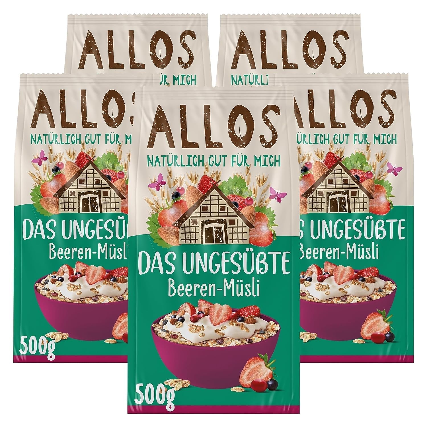 Allos ongezoete eiwitmuesli | Biologische Muesli | Havermout | Ontbijtgranen | Veganistisch (5 x 450 g), 1 stuk (pak van 5)