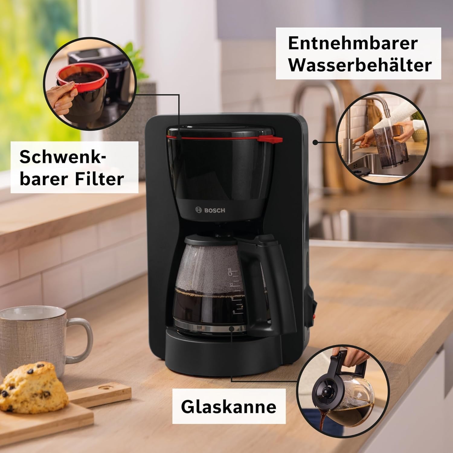 Bosch MyMoment TKA2M113 Filter-espressomachine, glazen karaf van 1,25 liter, 10-15 kopjes, warmhoudfunctie van 40 minuten, antidruppelsysteem, roterende filterhouder, afneembaar waterreservoir, 1200 watt, matzwart