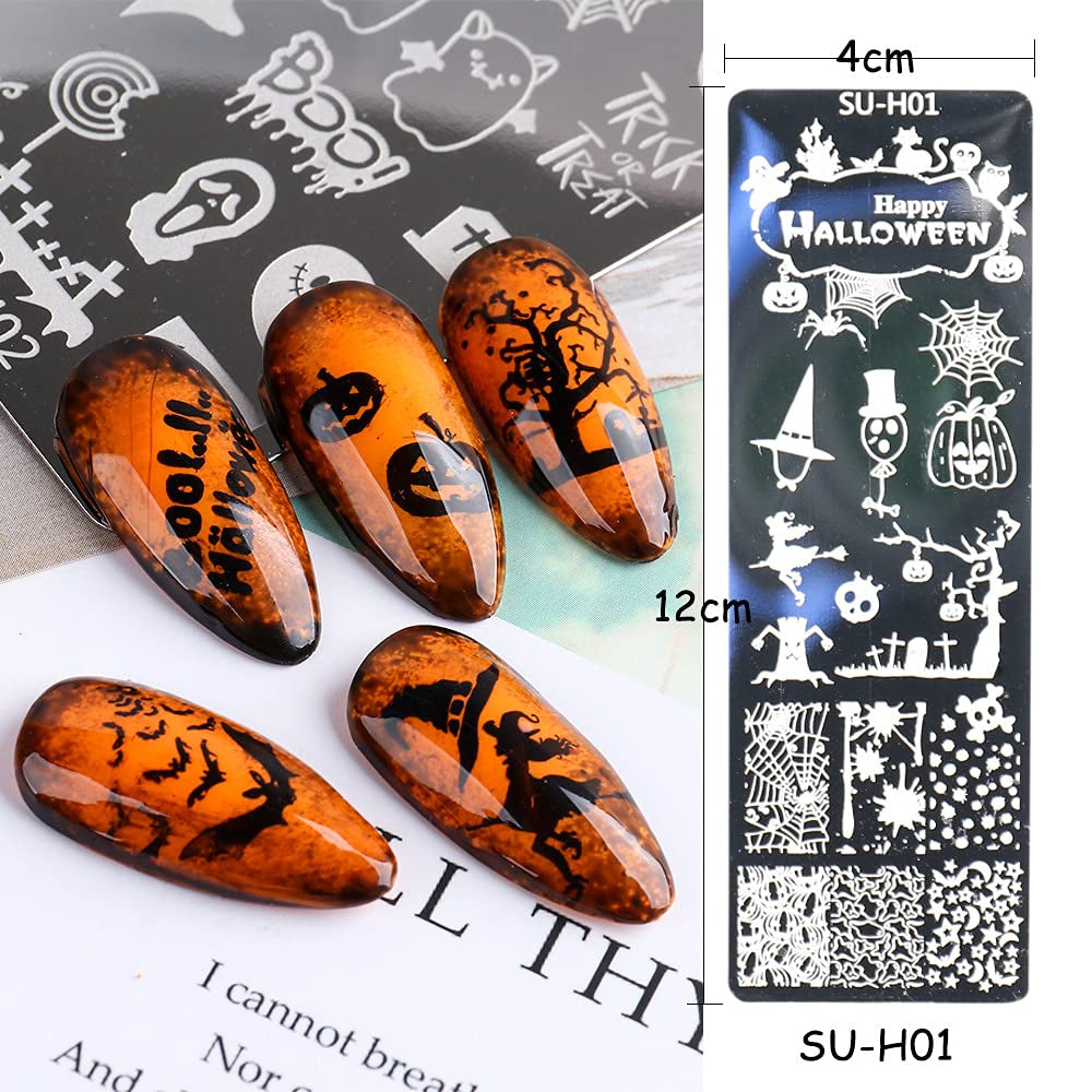 JMEOWIO Nagelstempelsjablonen Halloween 6 Stück Nagelstempelsjablonen Nail Art Decoratie Nageldesign Zubehör Böse Gruselige Kürbis-Geisterhexe