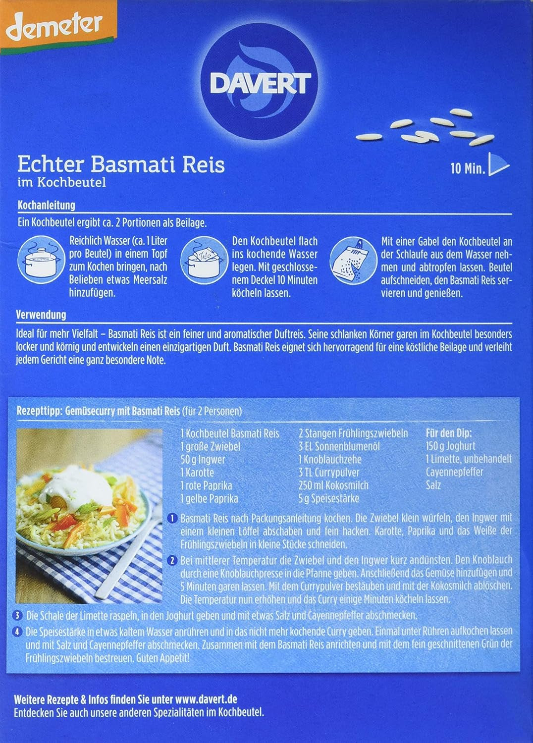 Davert biologische Basmatirijst in kookzakjes, 2 zakjes, 250g