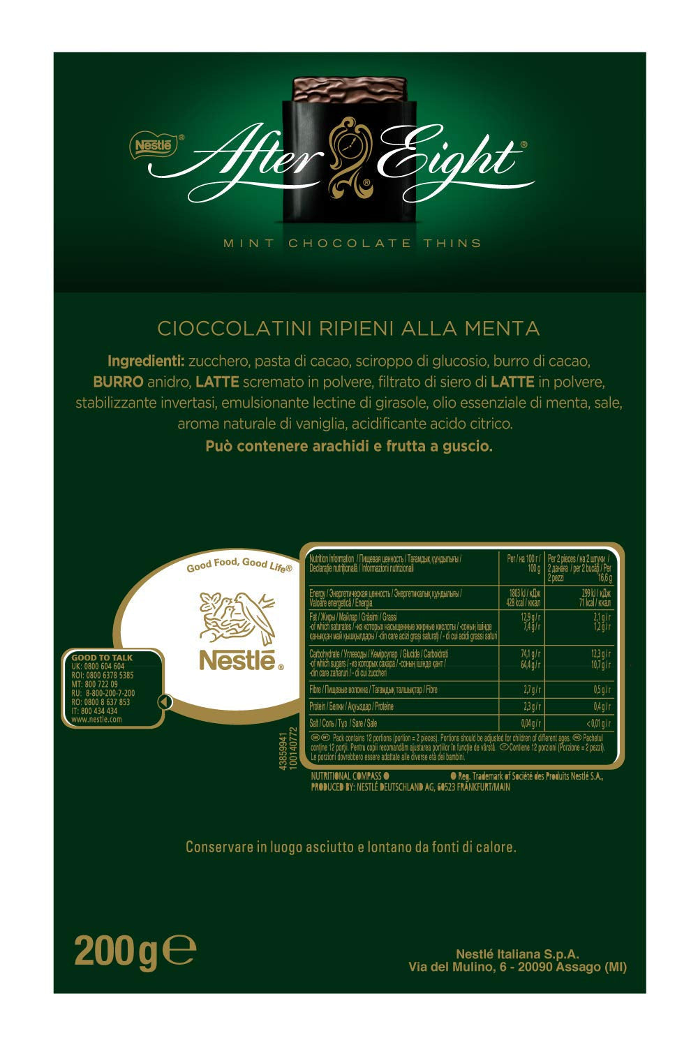 NESTLÉ AFTER EIGHT Dunne donkere chocoladevierkantjes met muntcrèmevulling voor connaisseurs, verpakking van 5 (1 x 200 g)