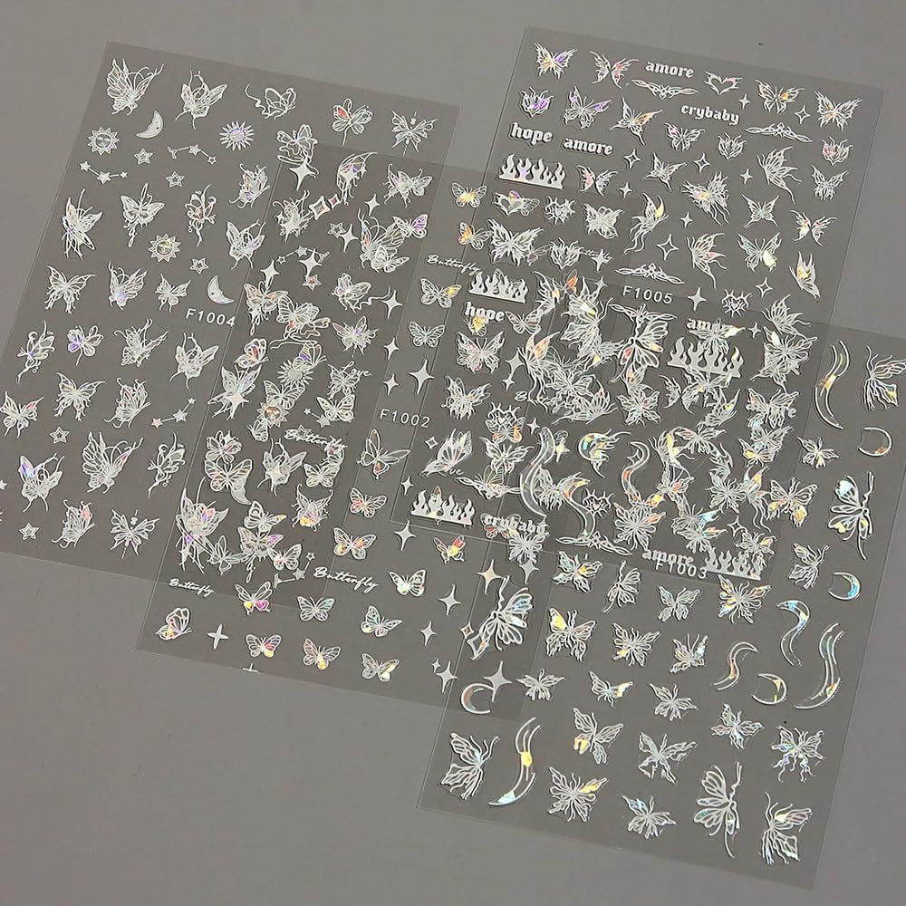 4 Blätter Holographisch Laser Wit Schmetterling Nagelsticker,Y2K Aurora Schmetterlinge Stern Nail Sticker 3D Flamme Herz Nageldesign Nagelsticker Selbstklebend Nagel Sticker Nagel Zubehör Nail Art