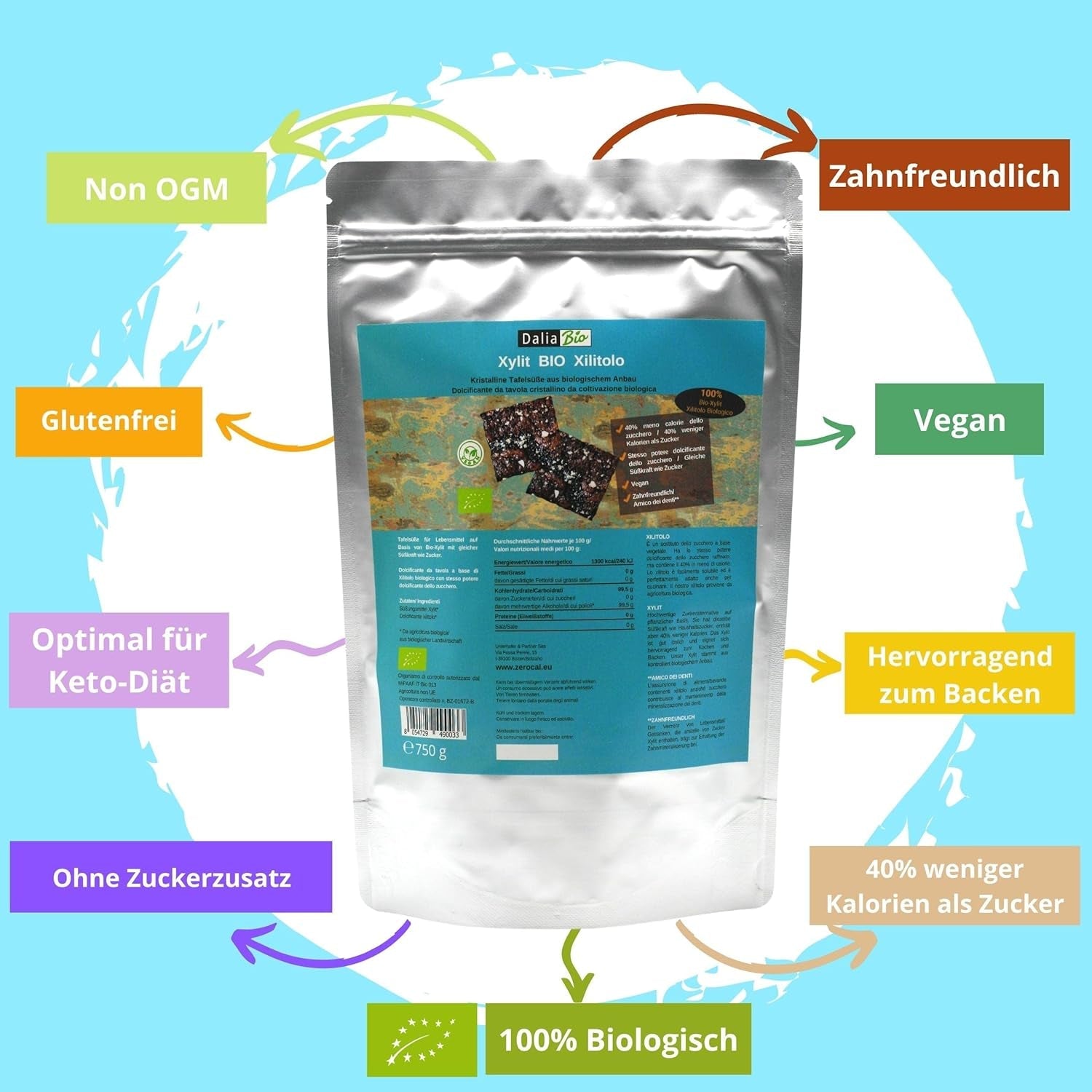 Bio Xylitol Bio | Aus Biologischer Landwirtschaft | 40% minder calorieën Zahnfreundlich | Ideal Zum Kochen Und Backen, 750 G Zoetstoffen Naty Shop