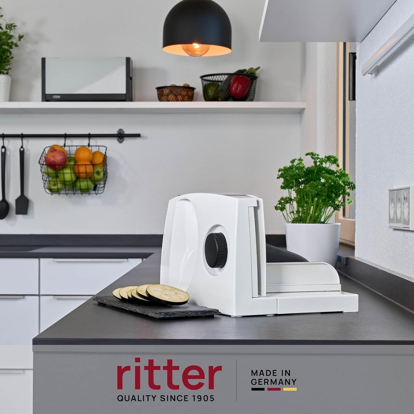 Ritter Markant 05 Multifunctionele opvouwbare elektrische broodsnijmachine en snijmachine met Eco-motor Made in Germany Versnipperaars en snijmachines Naty Shop