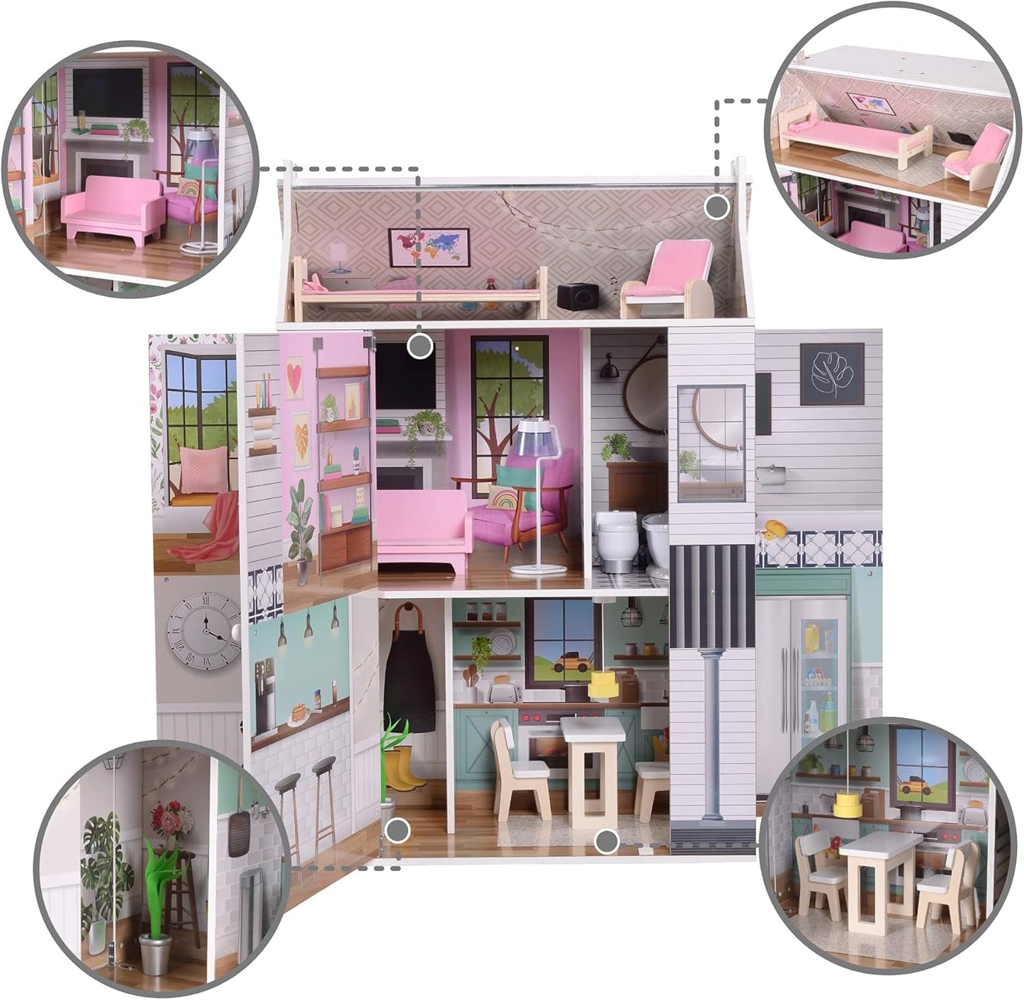 Olivia'S Little World Dreamland Boerderij Interactief houten poppenhuis voor kinderen 3 verdiepingen met 13 poppenmeubelaccessoires Wit TD-13632A Poppenhuizen Naty Shop