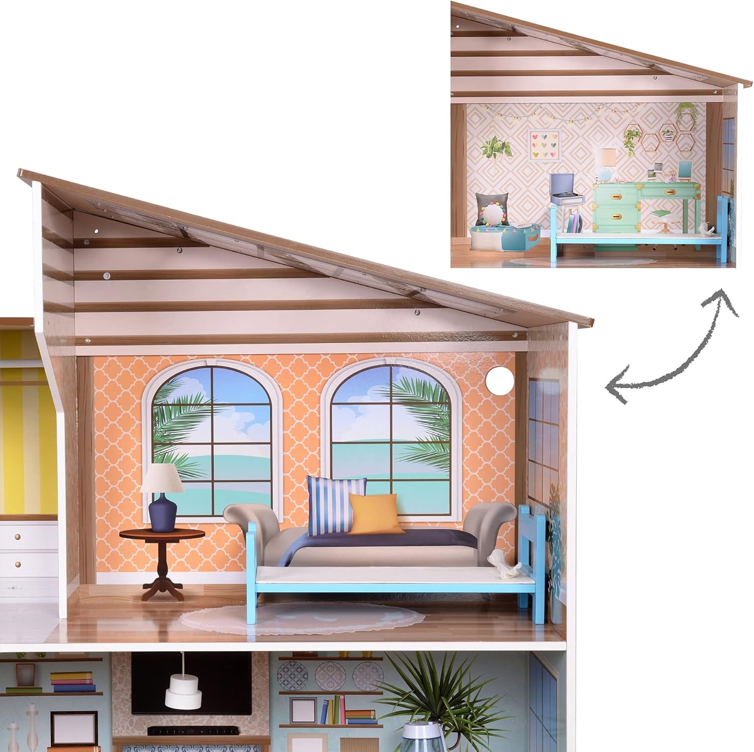 Olivia's Little World hedendaagse mediterrane stijl interactief houten poppenhuis van 3 verdiepingen voor kinderen met 17 poppenmeubelaccessoires veelkleurig TD-13551B