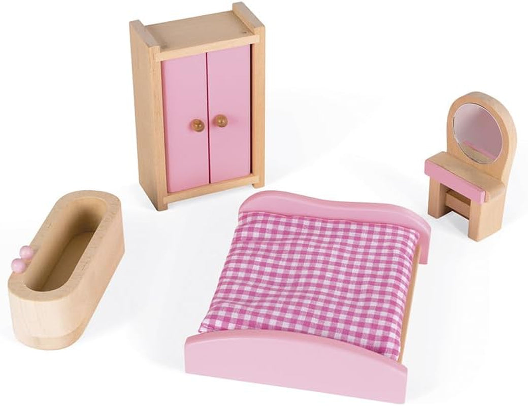 Janod - Mademoiselle houten poppenhuis, 3 verdiepingen en 11 accessoires, replica speelgoed, stimuleert de verbeelding, vanaf 3 jaar, J06581, Roze Naty Shop poppenhuizen