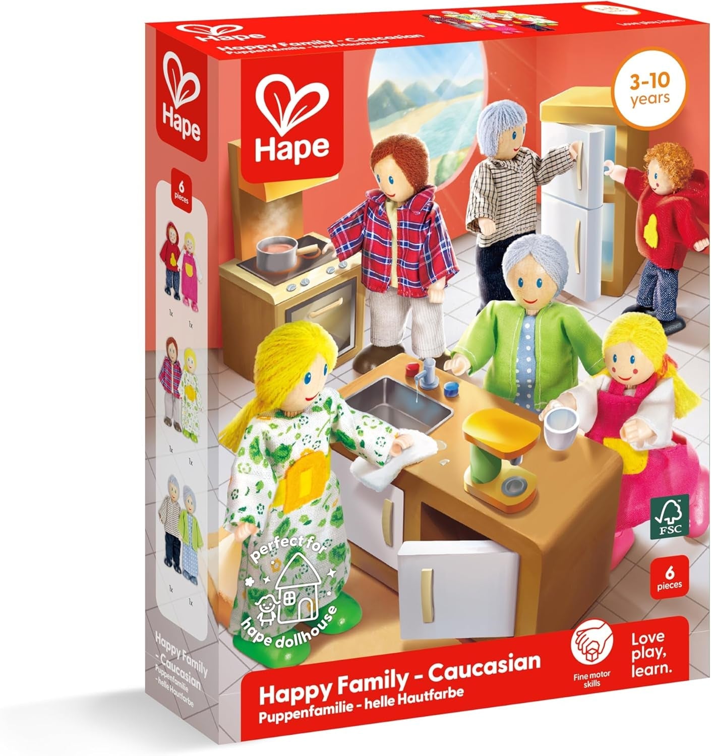 Hape Doll Family bekroonde poppenhuisset, unieke houten poppenhuisaccessoires, fantasierijk spel, 6 poppenfamilieleden, vanaf 3 jaar