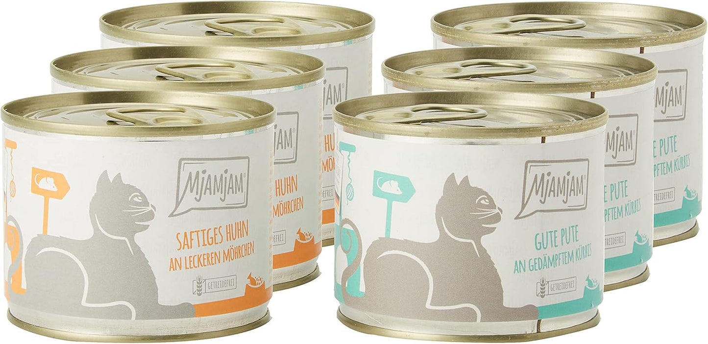 MjAMjAM - Premium natvoer voor katten - Monopack I - met kip en kalkoen, 6-pack (6 x 200 g), graanvrij met extra vlees