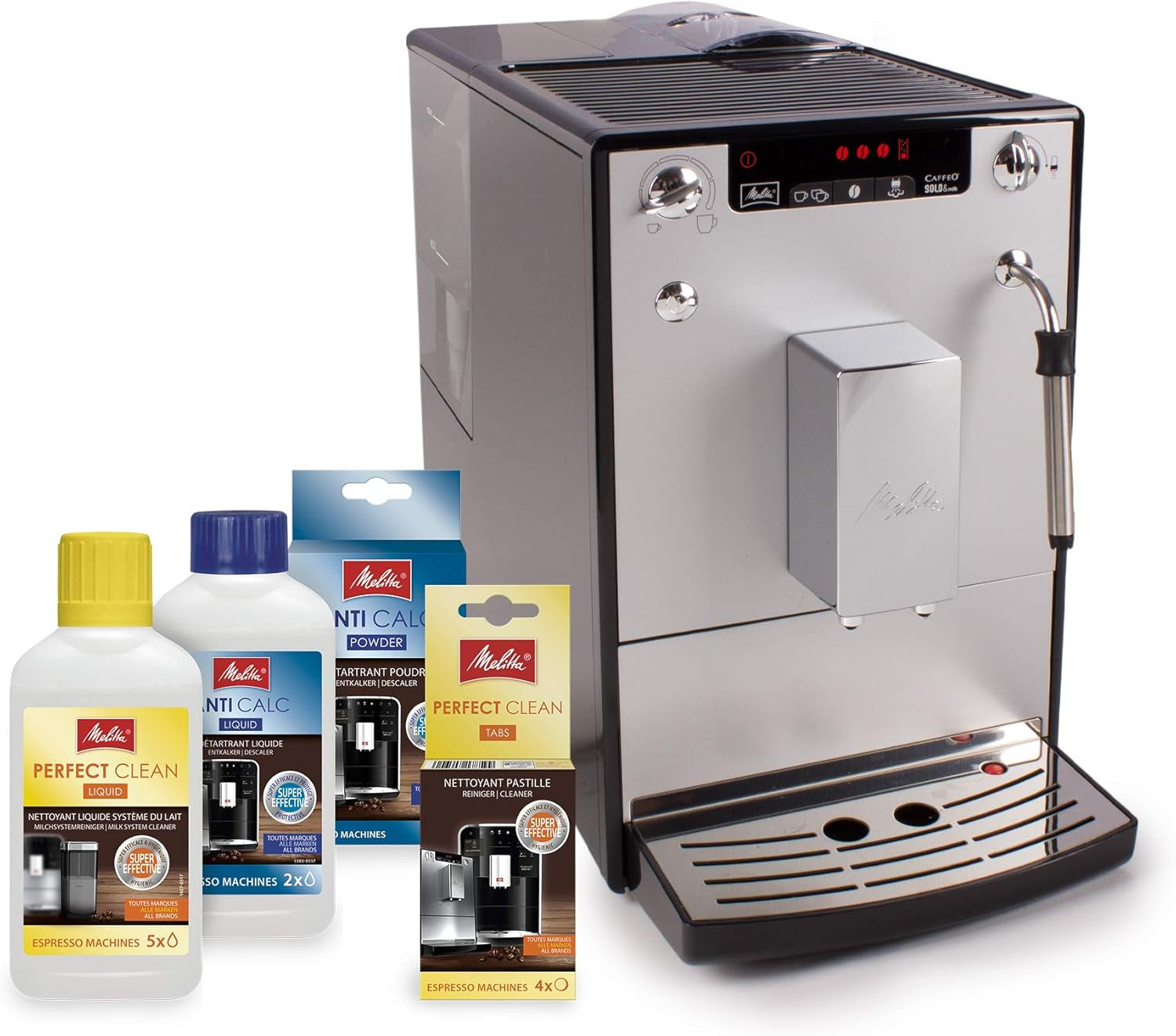 Melitta Solo & Milk - volautomatische slanke koffiemachine met melkopschuimer, koffiemachine met afneembaar waterreservoir, b.v. koffie of cappuccino, zilver