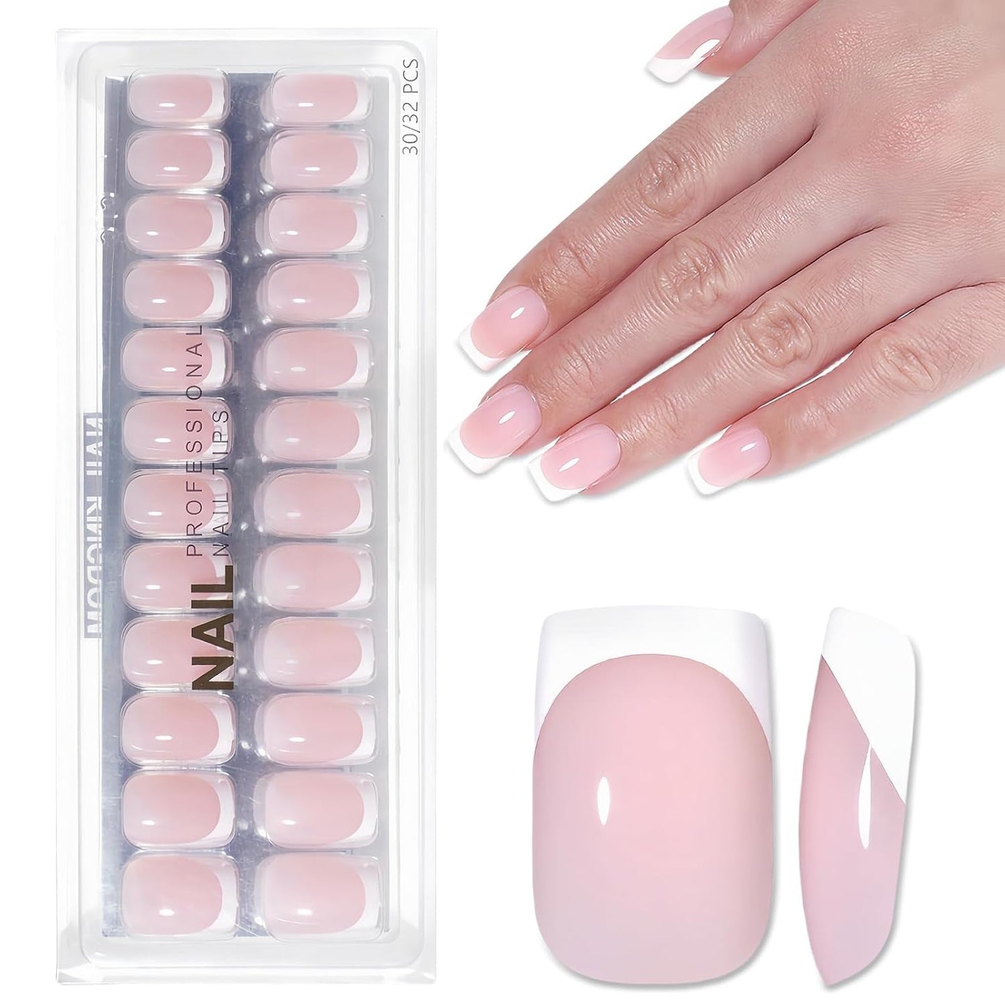 Lichtroze zelfklevende Franse nagels - 32 stuks lijm op Franse nagels - vierkante korte kunstnagels - ademende lijm op kunstnagels - volledige dekking kunstnagels voor dames (lichtroze)