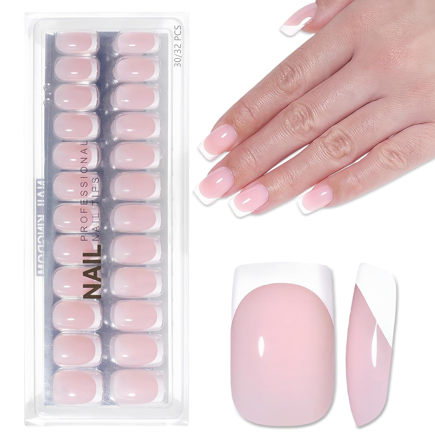 Lichtroze zelfklevende Franse nagels - 32 stuks lijm op Franse nagels - vierkante korte kunstnagels - ademende lijm op kunstnagels - volledige dekking kunstnagels voor dames (lichtroze)