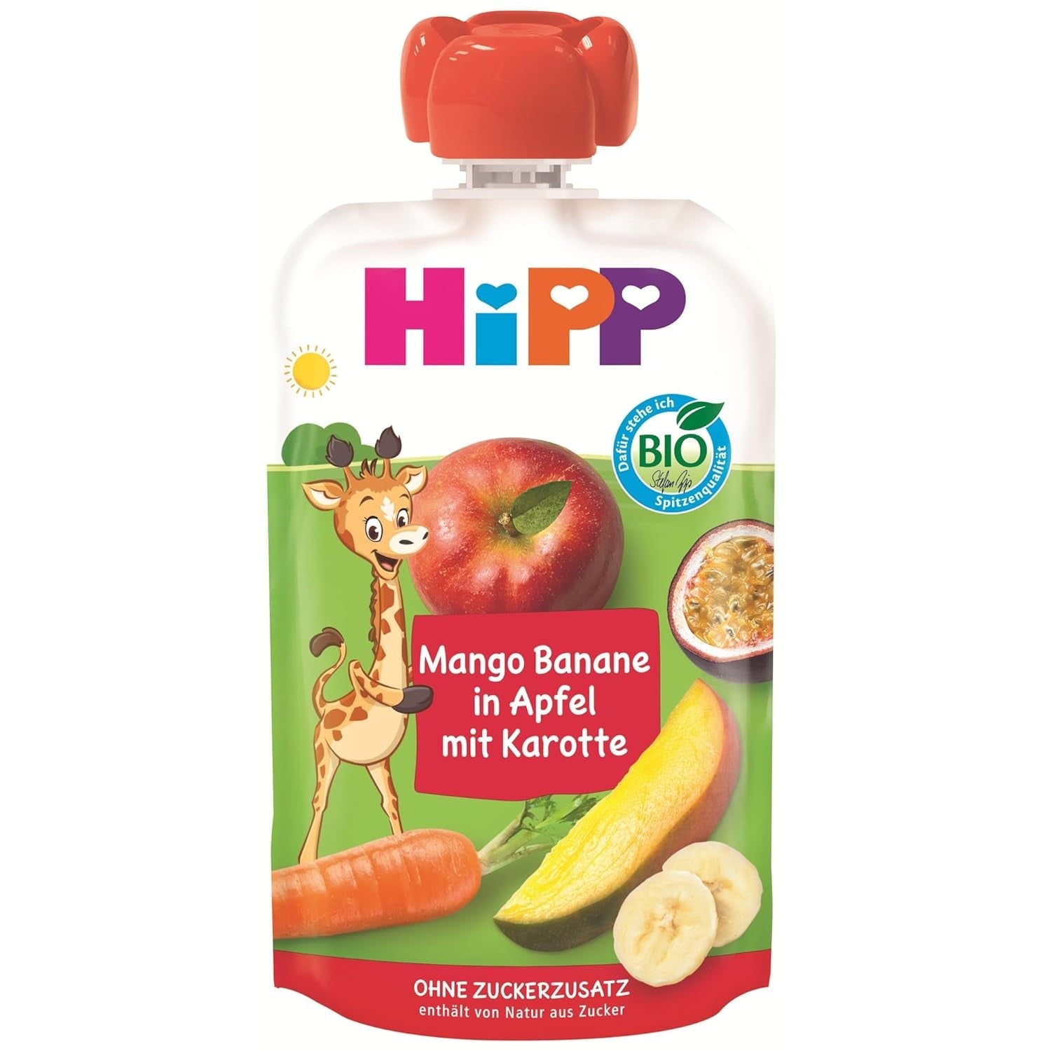 HiPP Bio Quetschie Mango-banaan in appel met wortel (8 x 100 g), 1 jaar oud, Frucht- en Gemüsepüree, ohne Zuckerzusatz, veganistisch, in de beste bio-kwaliteit