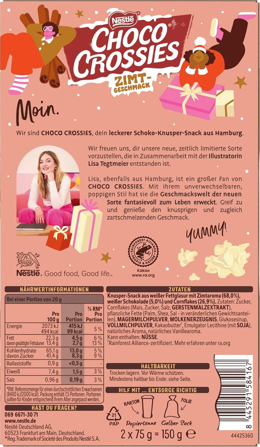 Nestlé kaneellichte knapperige vlokken en knapperige amandelen bedekt met een smelt-in-je-mond witte glazuur en kaneelsmaak, verpakking van 4 (elk 2 x 75 g)