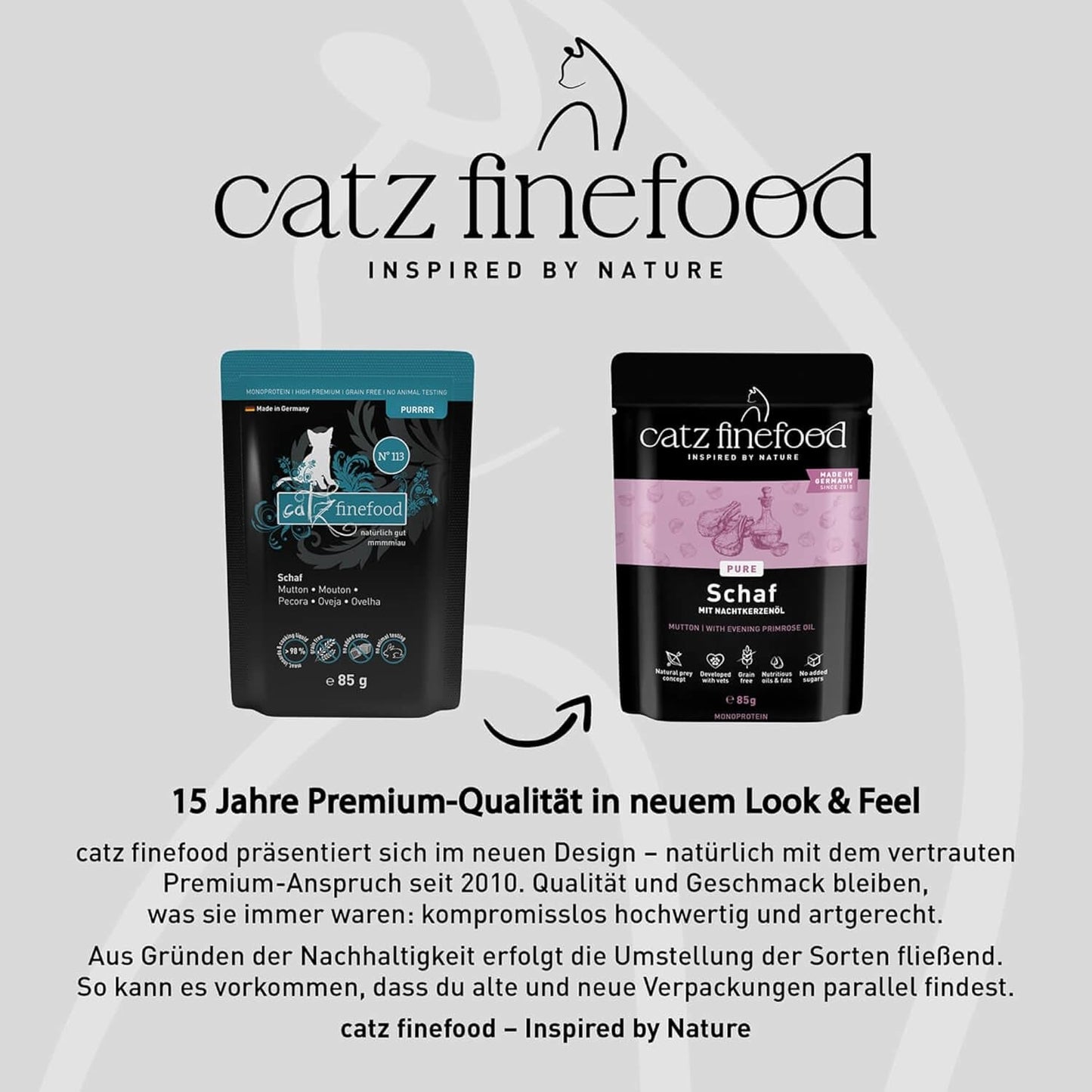 Natvoer voor katten Catz Finefood Purrrr Schaap Monoproteïne nr. 113, voor katten met een gevoelige spijsvertering, 70% vleesgehalte, 16 zakjes à 85 g