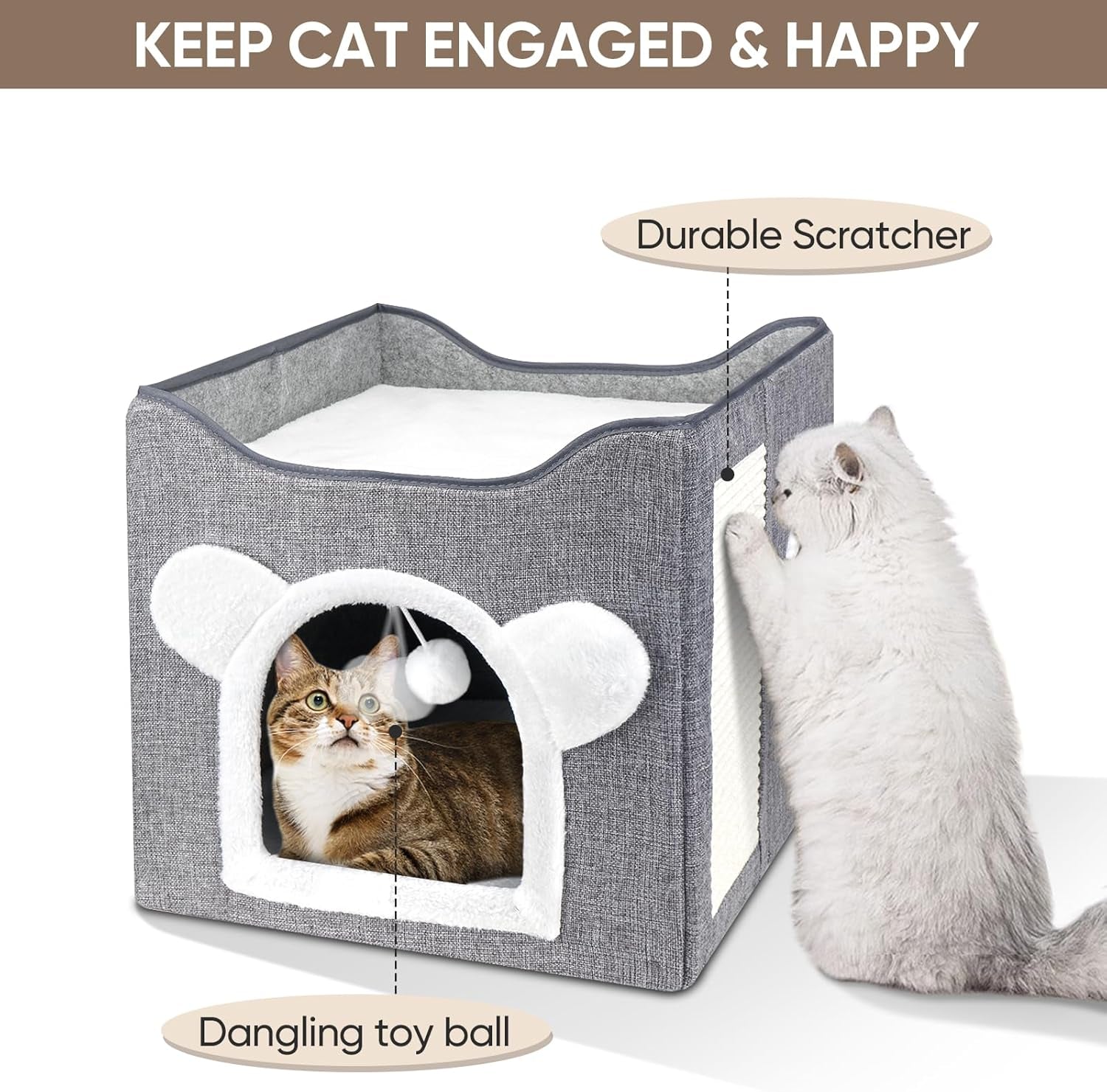 Katzenbetten voor Indoor Katzen, Faltbares Katzenhaus, Katzenhöhle 2 Schicht Würfel Großer Raum Katzenbett met Kratzbrett en Spielball, 15,8 x 15,8 x 15 inch