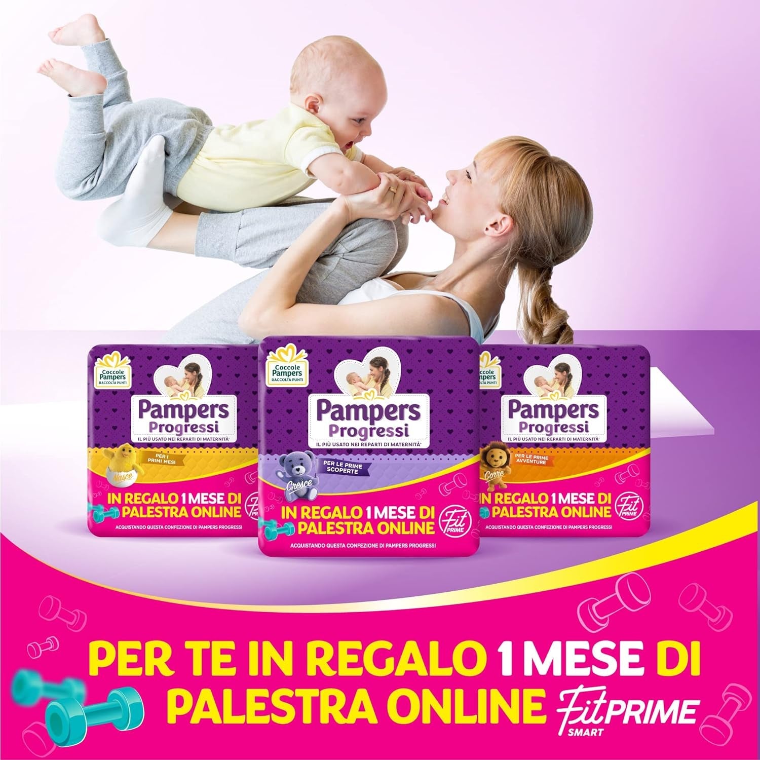 Pampers Progressi & Fit Prime Midi luiers, kort formaat, 162 luiers, maat 3 (4-9 kg), online lidmaatschap van de sportschool voor 1 maand als cadeau