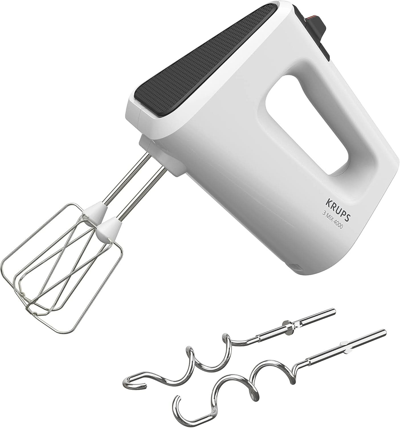 Krups GN4001 3 Mix 4000 Handmixer | 450 Watt | Robuust ontwerp | Variabele snelheidsregelaar | Turbo- en Auswurf-functie | Incl. 2 Rührbesen en 2 Knethaken | Weiß/Grau Keuken Naty Shop