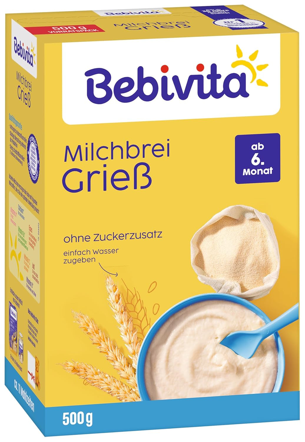 Griesmeelpap met melk (4 x 500 g), voeding voor baby's vanaf 6 maanden, zonder toegevoegde suiker, met waardevolle mineralen en vitamines, zeer vullend