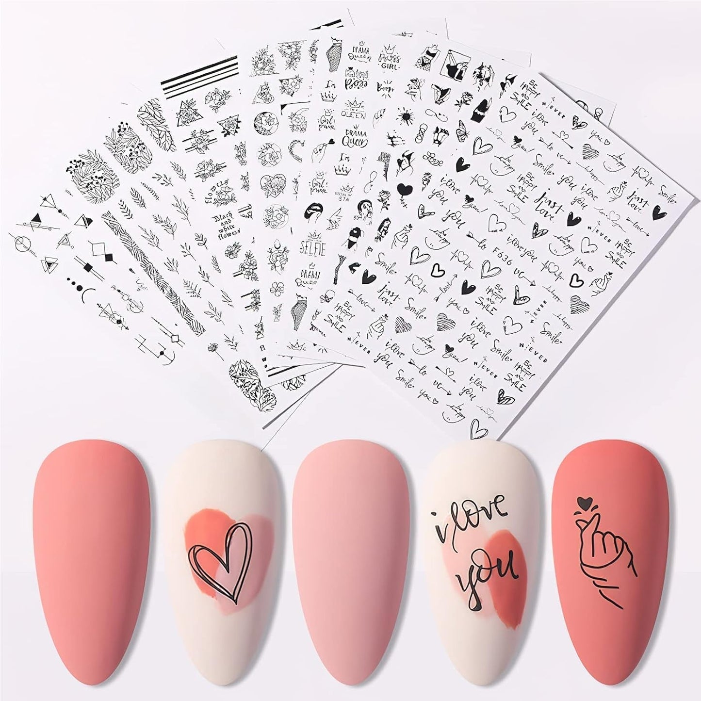 7 Blätter Nagelsticker Selbstklebend Nagelsticker Blumen Abstrakt 3D Schwarz Nagelaufkleber Nageldesign Herzform Wörter Pflanzen Nagelsticker DIY Nail Art Zubehör Maniküre Decoratie