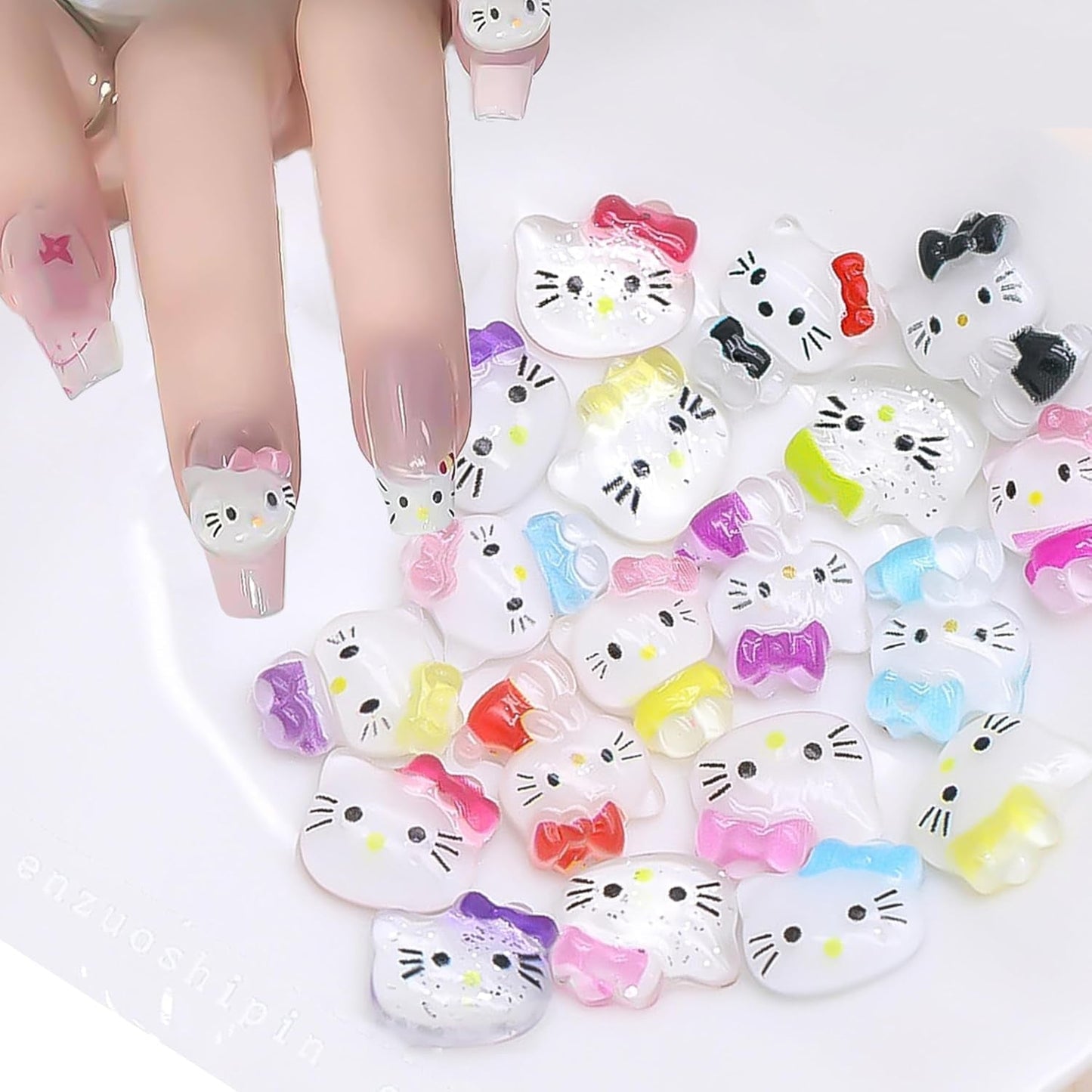 3D kattennagelstickers, nagelglitter, pailletten, harsnagelstickers, nageledelstenen, diamanten voor nagelkunst, inclusief strass nagelwasstick (kleurrijke kat)