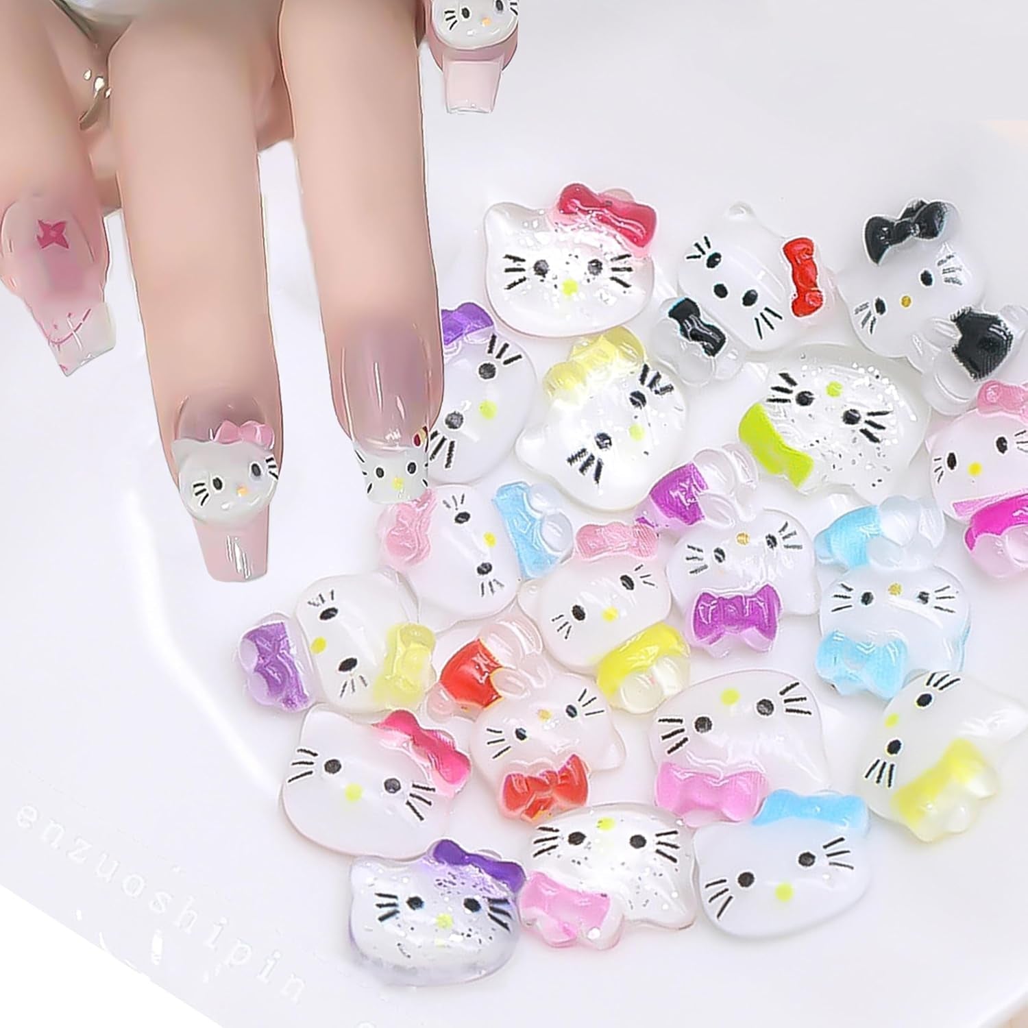 3D kattennagelstickers, nagelglitter, pailletten, harsnagelstickers, nageledelstenen, diamanten voor nagelkunst, inclusief strass nagelwasstick (kleurrijke kat)