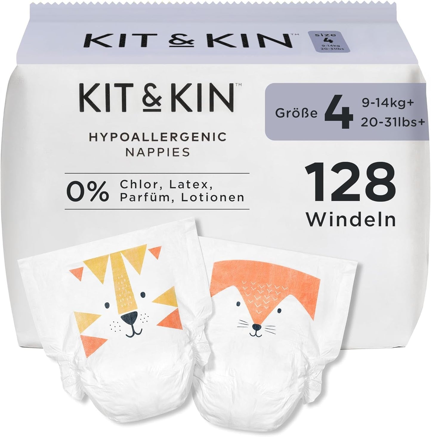 Kit & Kin Premium luiers, maat 4 (9-14 kg), 128 stuks, plantaardig en hypoallergeen, betrouwbare lekbescherming, veganistisch en dierproefvrij