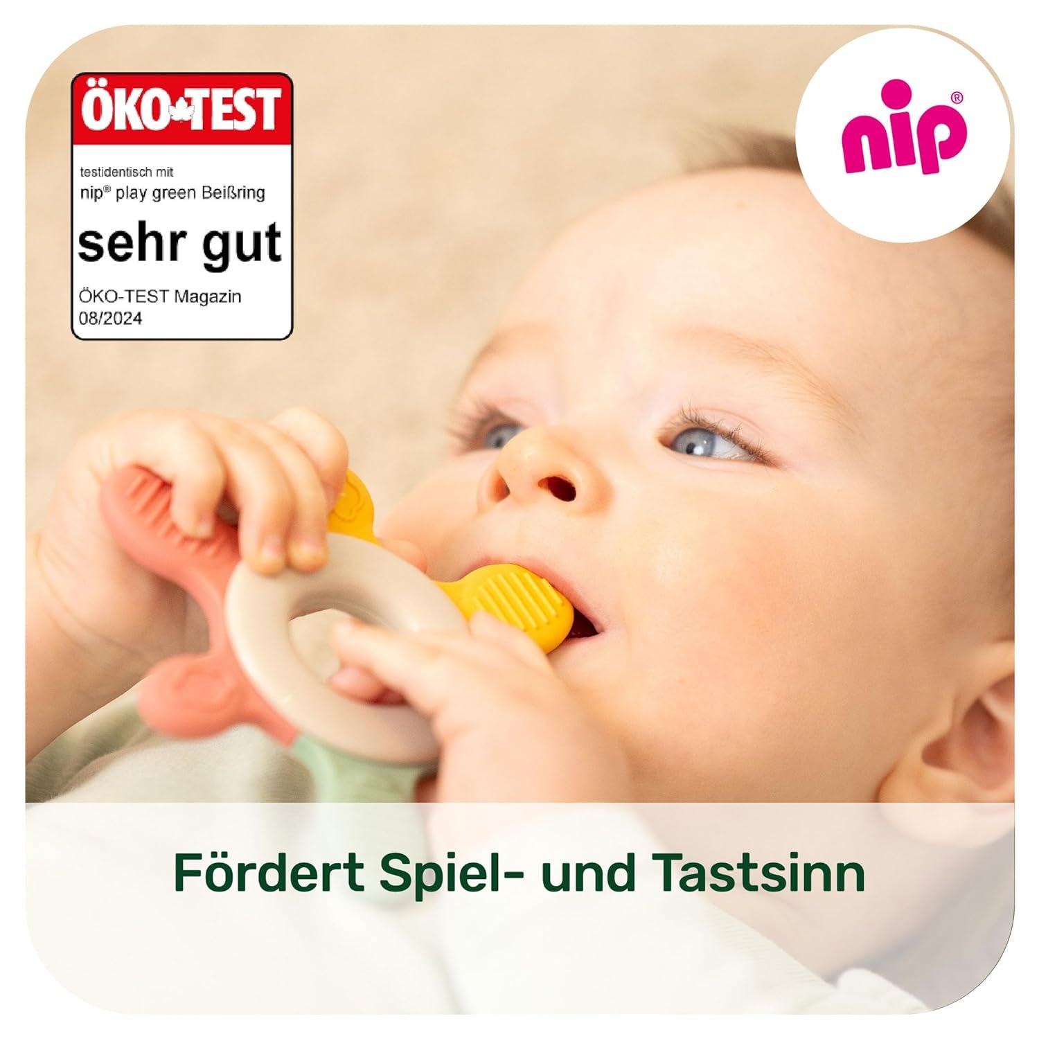 nip – Bijtring | Duurzame bijtring voor baby's vanaf 3 maanden, gemaakt van ruim 65% natuurlijke grondstoffen. Voor zachte massage van tandvlees, tong en tanden | Rood/Groen/Oranje