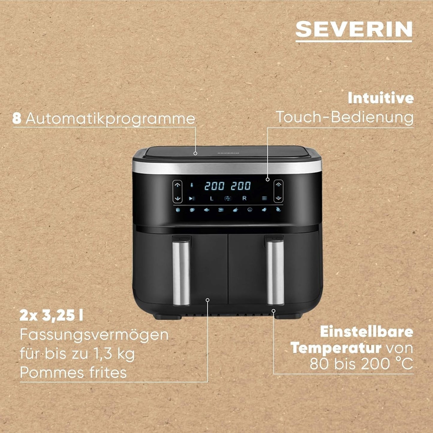 SEVERIN Dubbele heteluchtfriteuse met kookkamer 2 X 3,8 L, 8 automatische programma's Apparaten Naty Shop