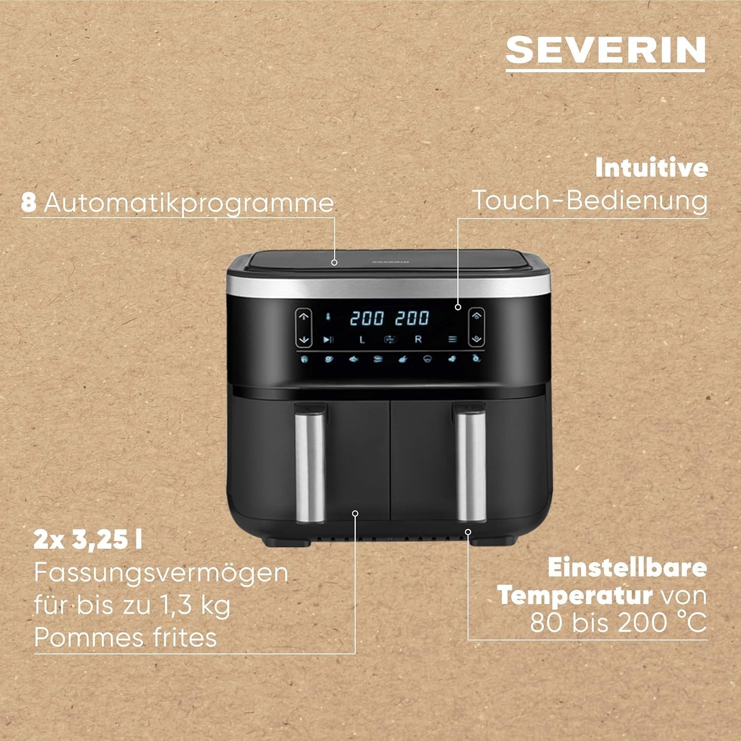 SEVERIN Dubbele heteluchtfriteuse met kookkamer 2 X 3,8 L, 8 automatische programma's Apparaten Naty Shop