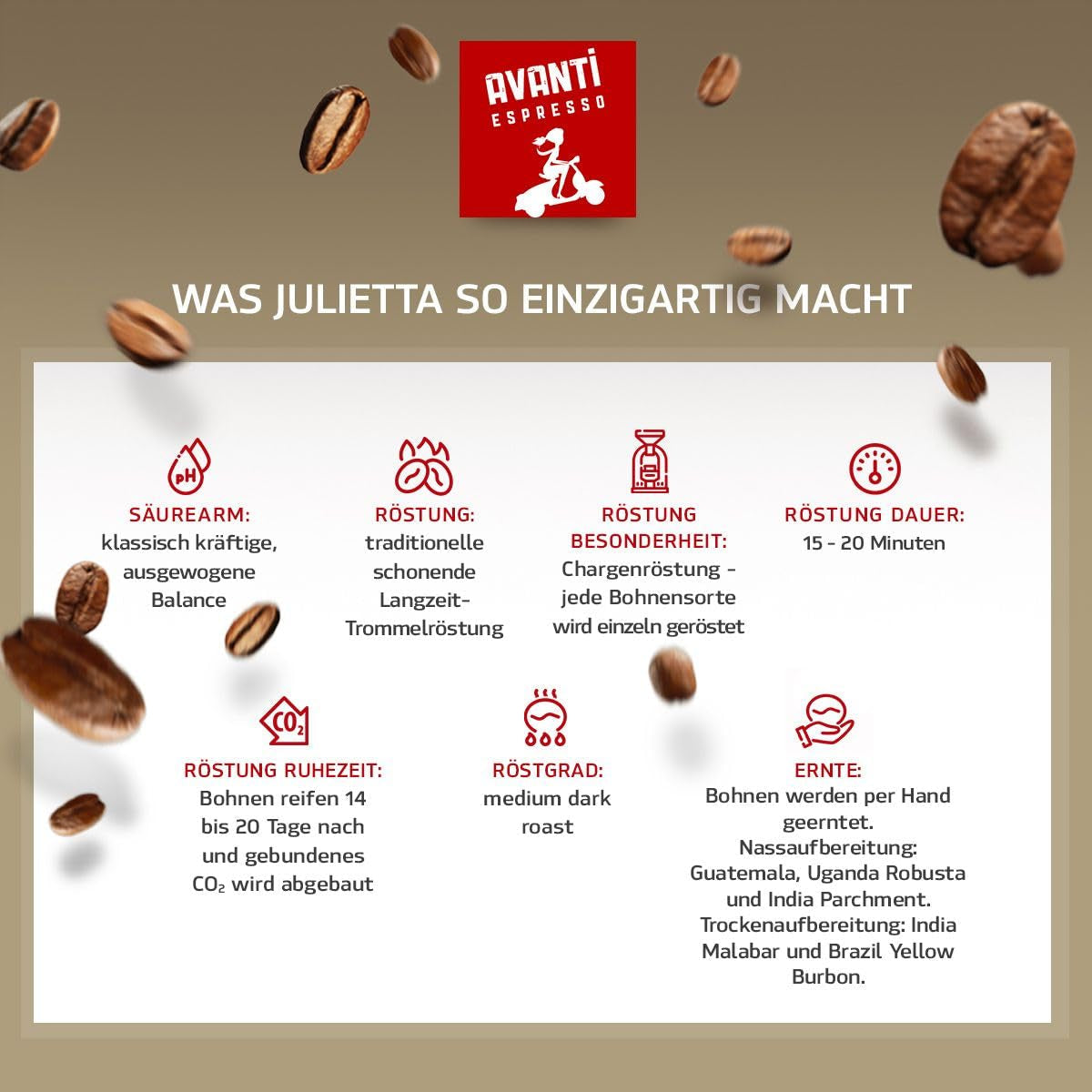 AVANTI Julietta Espresso koffiebonen, 500g, 70% Arabica 30% Robusta, traditionele trommelbranding