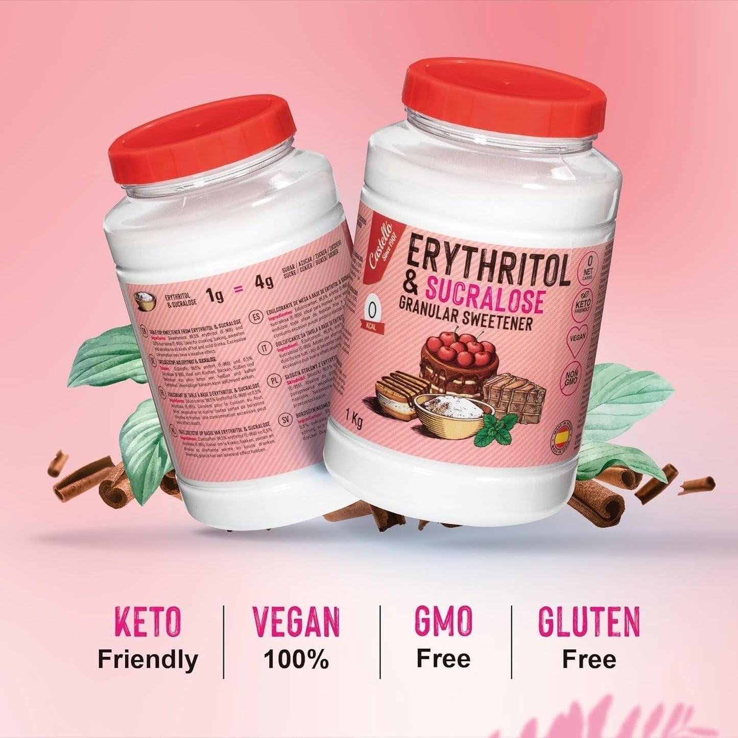 Erythritol + Sucralose 1:4 Süßstoff | 1G = 4G Zucker | 0 Netto-Kohlenhydraat - 0 Kalorien - 0 Glykämischer Index - Keto - Kein GVO - Castello sinds 1907 - 1 Kg Zoetstoffen Naty Shop