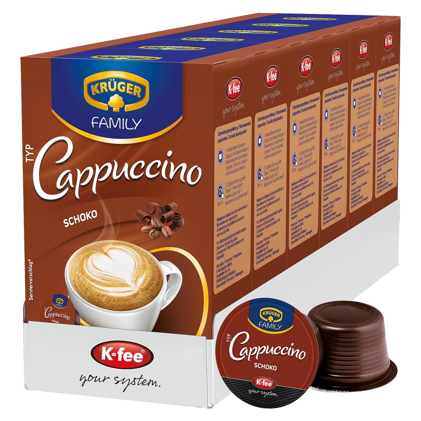 KRÜGER Cappuccino Schoko Koffiecapsules, compatibel met K-fee en ALDI EXPRESSI* Kapselmaschinen, gearomatiseerde oploskoffie, 96 capsules