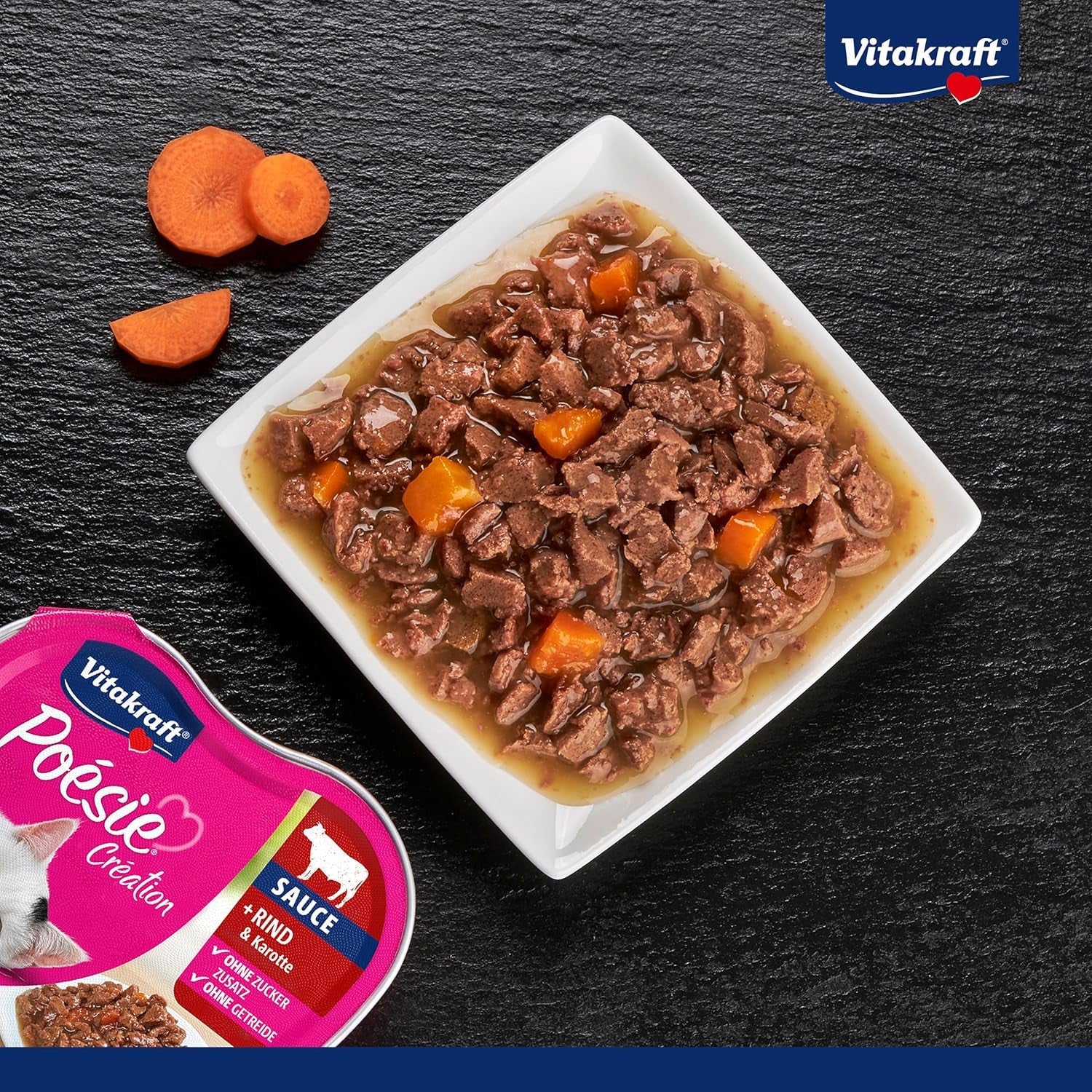 Vitakraft Poésie Création, nat kattenvoer, natvoer in saus, met rundvlees en wortel, grootverpakking, zonder toegevoegde suiker of granen (15 x 85 g)