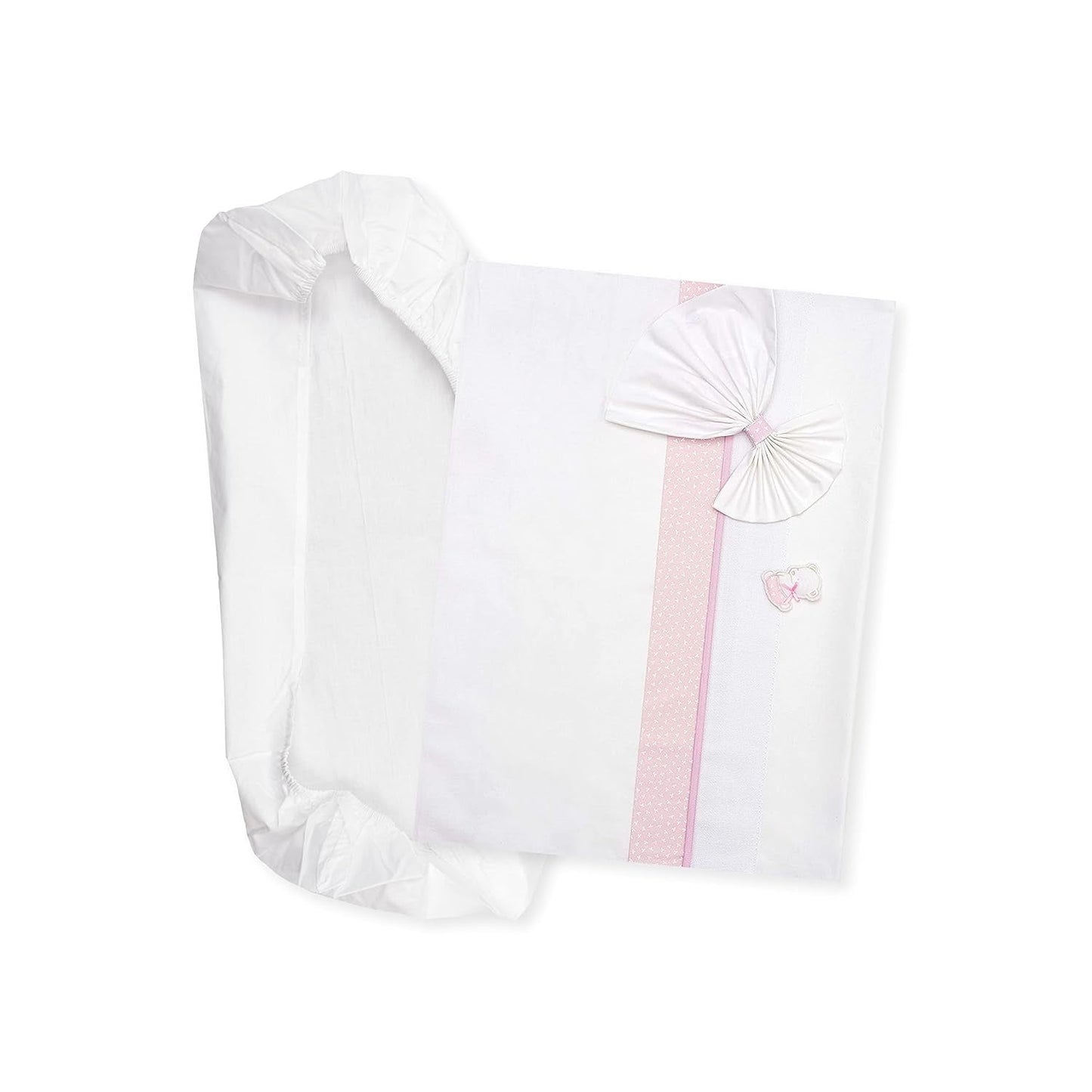 Wit en roze beddengoedset voor reiswieg, 1 hoeslaken, 1 bovenlaken met Aida-lintborduursel en 1 kussensloop, 100% katoen, gemaakt in Italië Naty Shop Quilts & Quilts Pink