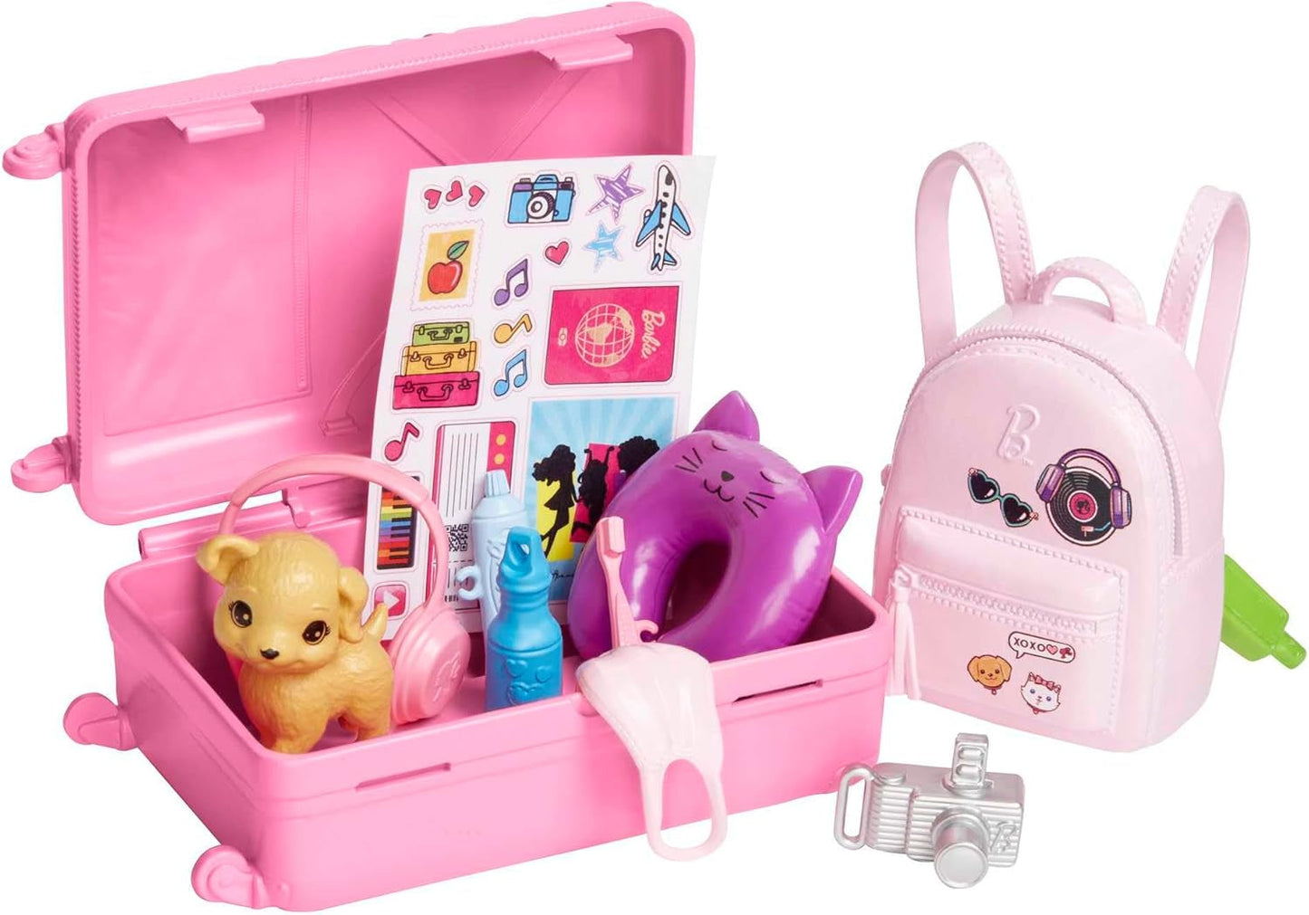 Barbie-pop, reisbarbie met blond haar, 10+ reisaccessoires, stickers, koffer, puppy, inclusief 1 pop, kindercadeau, speelgoed vanaf 3 jaar, HJY18
