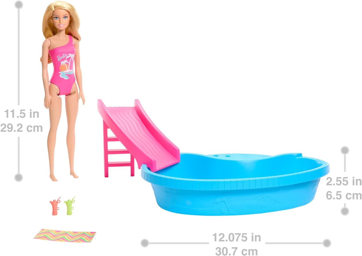 Barbiepop en accessoires - zwembad met glijbaan en accessoires voor urenlang speelplezier in de zon, roze badpak met tropisch design, voor kinderen vanaf 3 jaar, HRJ74 Naty Shop Poppenhuizen