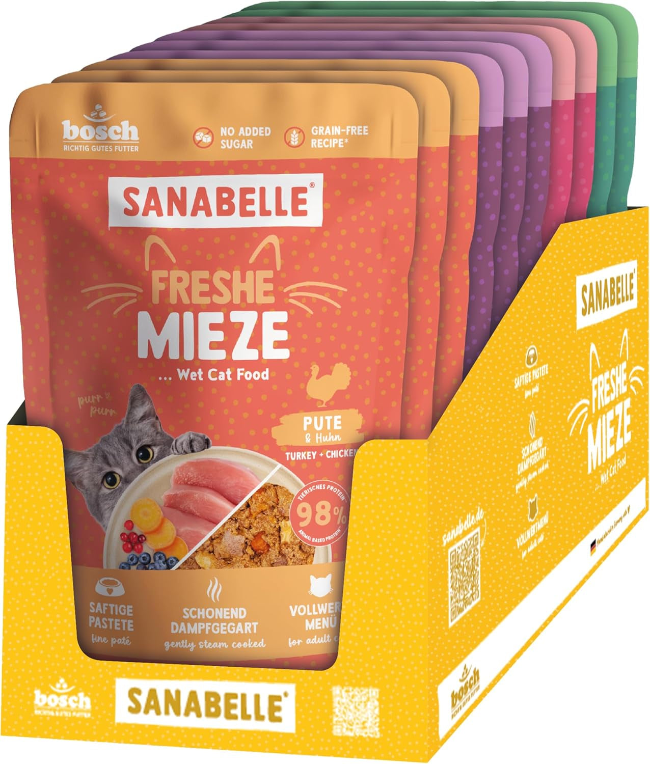 Sanabelle Freshe Mieze - Mixtray | 10 x 100 g Mixverpakking | 4 heerlijke soorten kattenvoer om te proberen | Gestoomd nat kattenvoer, net als vers gekookt