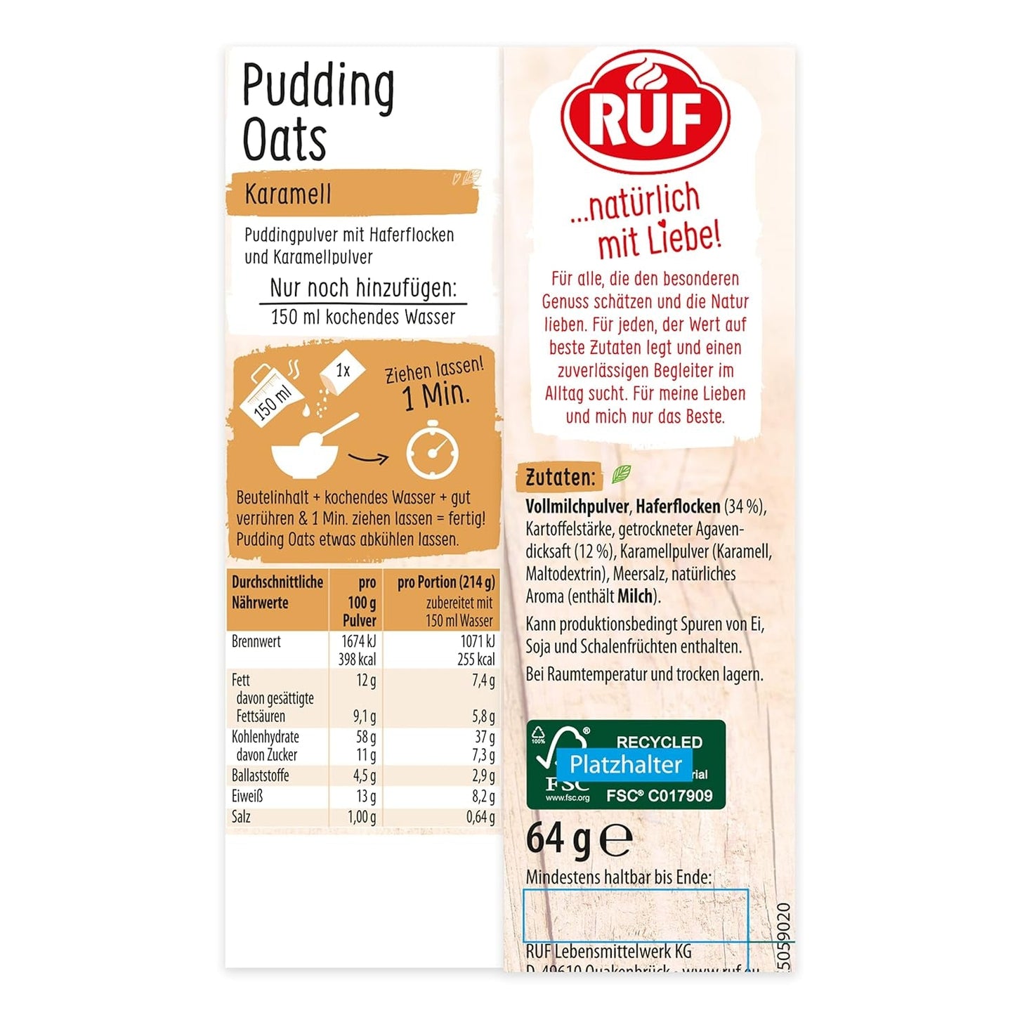 Caramel Oat Pudding, een harmonieuze mix van karamelpudding en volkoren haver, suikervrij, gezoet met agavesiroop, 1 zakje x 64 g (4 stuks)