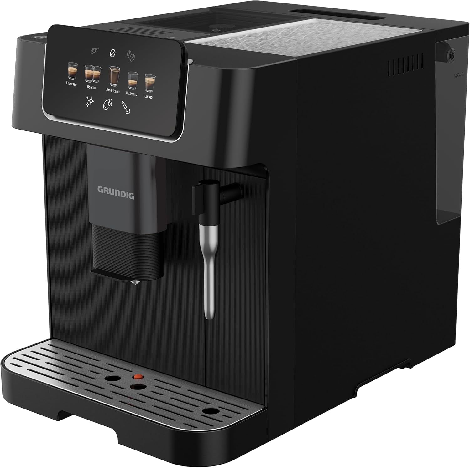 GRUNDIG KVA 6230 volautomatische espressomachine met melkopschuimer, roestvrijstalen molen met 13 maalstanden, bonenreservoir 250 g, afneembaar waterreservoir 2 liter, pompdruk 19 bar, touch display, zwart