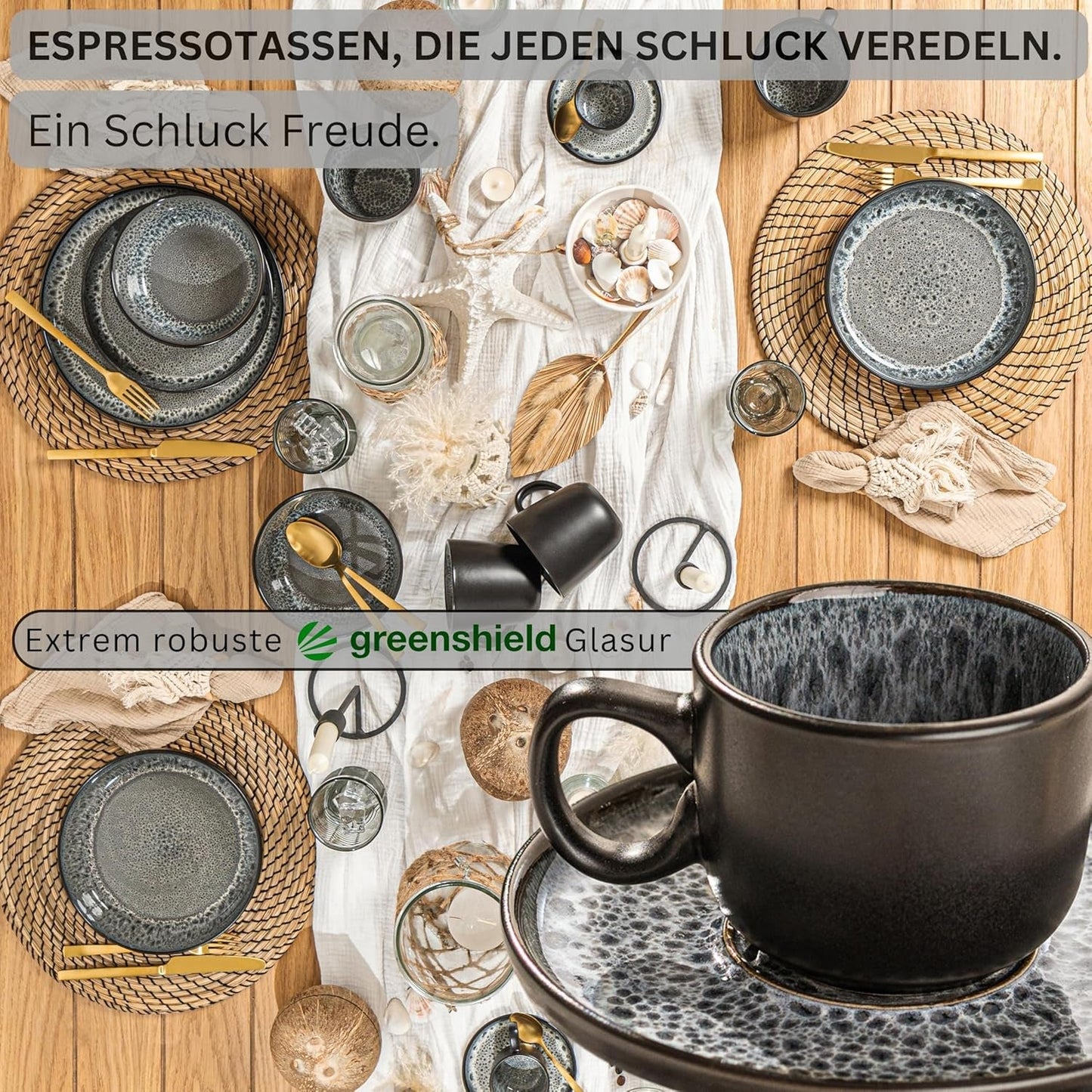 ZANGER Sydney | Keramische espressokopjes set van 12, mokka kopjes set voor 6, kop en schotels, vaatwasmachine- en magnetronbestendig, donkergrijs, 80 ml | DE WAARDE-COLLECTIE