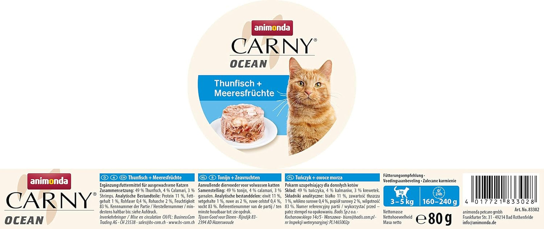 animonda Carny Ocean Thunfisch + Meeresfrüchte (12 x 80g), Katzenfutter nass für ausgewachsene Katzen, met zartem Fischfilet, ohne Getreide ohne Zucker