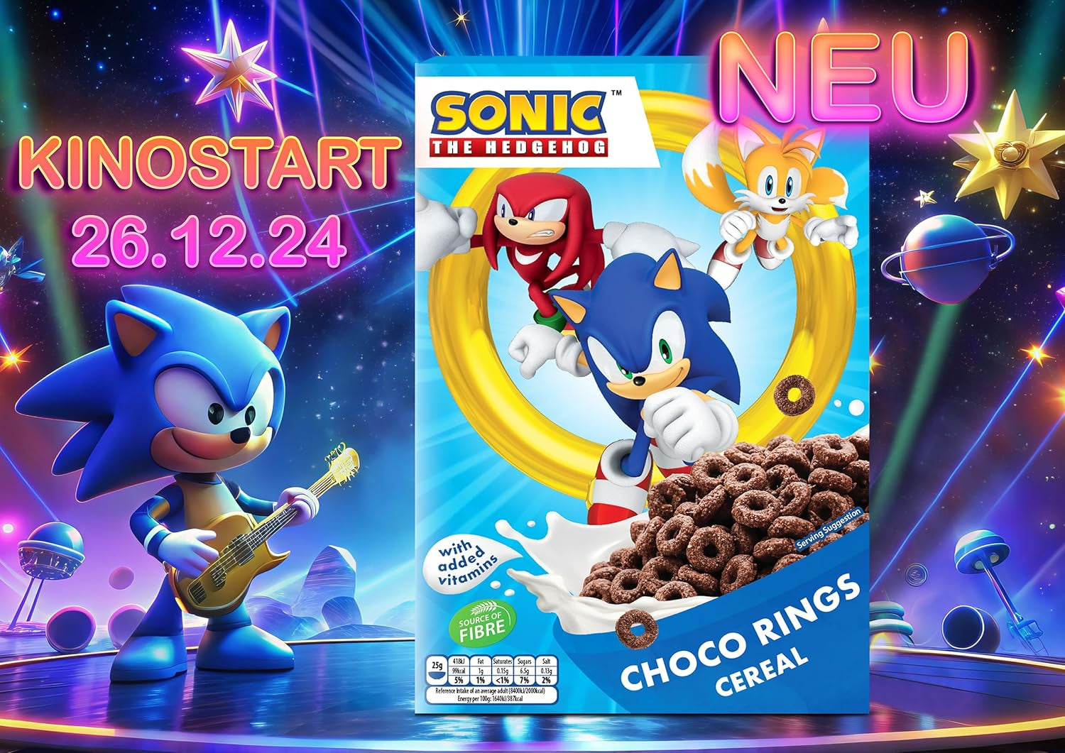 Sonic Choco Rings chocoladeringen van granen, tarwe, haver en maïs voor het perfecte ontbijt, met toegevoegde vitamines, 1 pakje (1 x 350 g)