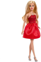 Mattel Rubinrote Blonde Barbie-Party-Modepuppe zum 80. Jubiläum roten Kleid mit zilverkleurige Schuhen en Halskette, Sammelspielzeug, JGD25