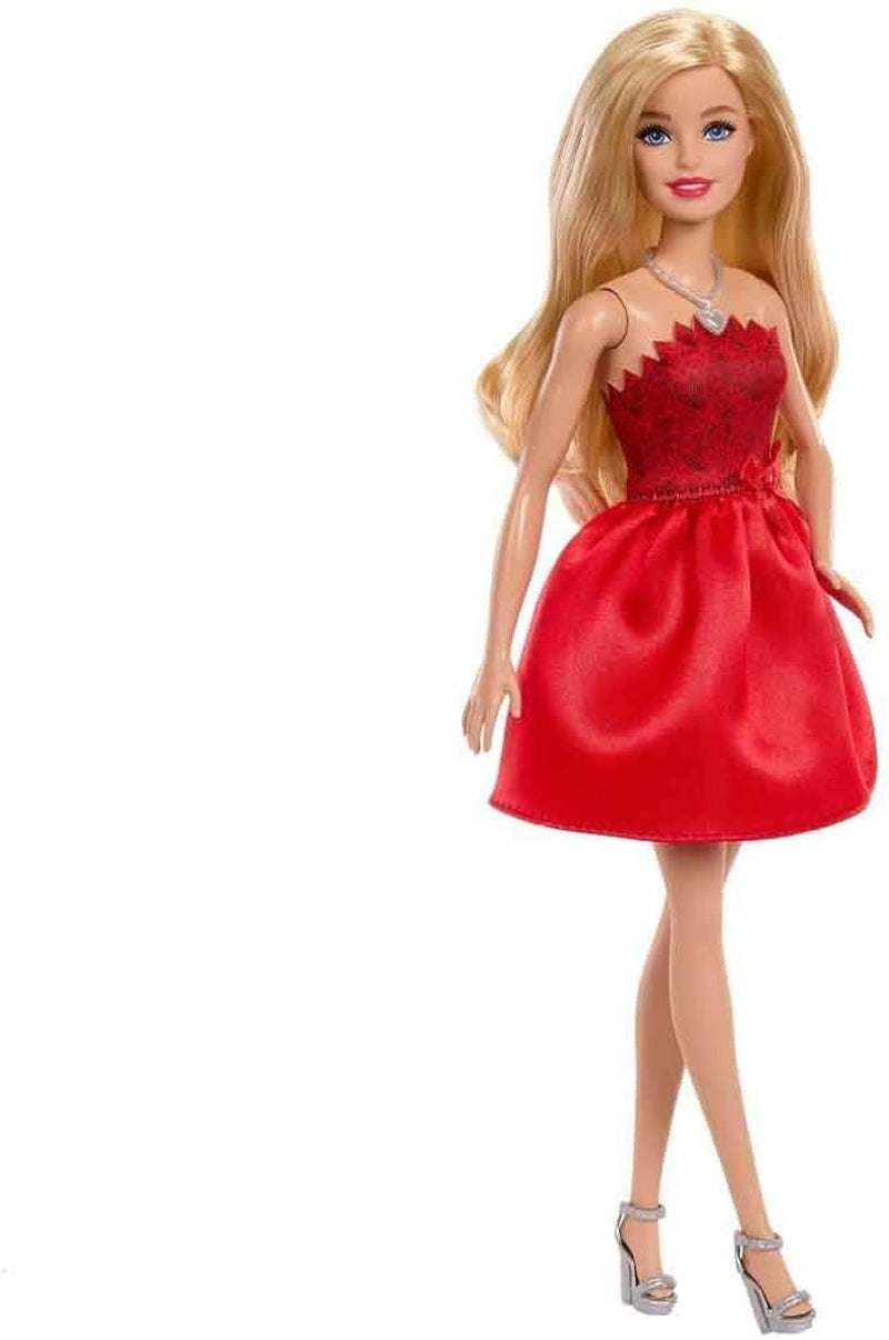 Mattel Rubinrote Blonde Barbie-Party-Modepuppe zum 80. Jubiläum roten Kleid mit zilverkleurige Schuhen en Halskette, Sammelspielzeug, JGD25