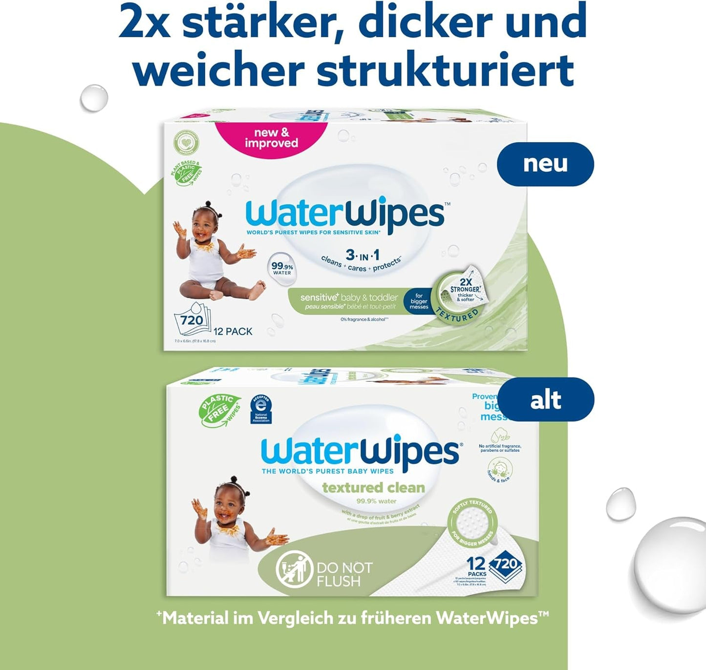 WaterWipes Sensitive+ vochtige doekjes voor baby's en peuters, 720 stuks (12 stuks), 3-in-1 reiniging, verzorging, bescherming, 99,9% water, structuurreiniging, geurvrij